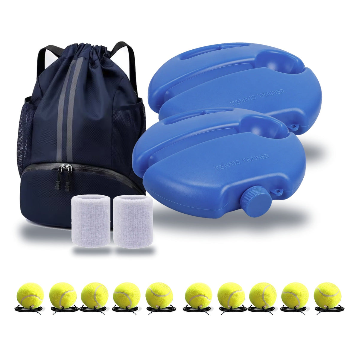 Club Pack: two TrainerOne trainers, ten balls on their cords, a carry backpack and two wristbands