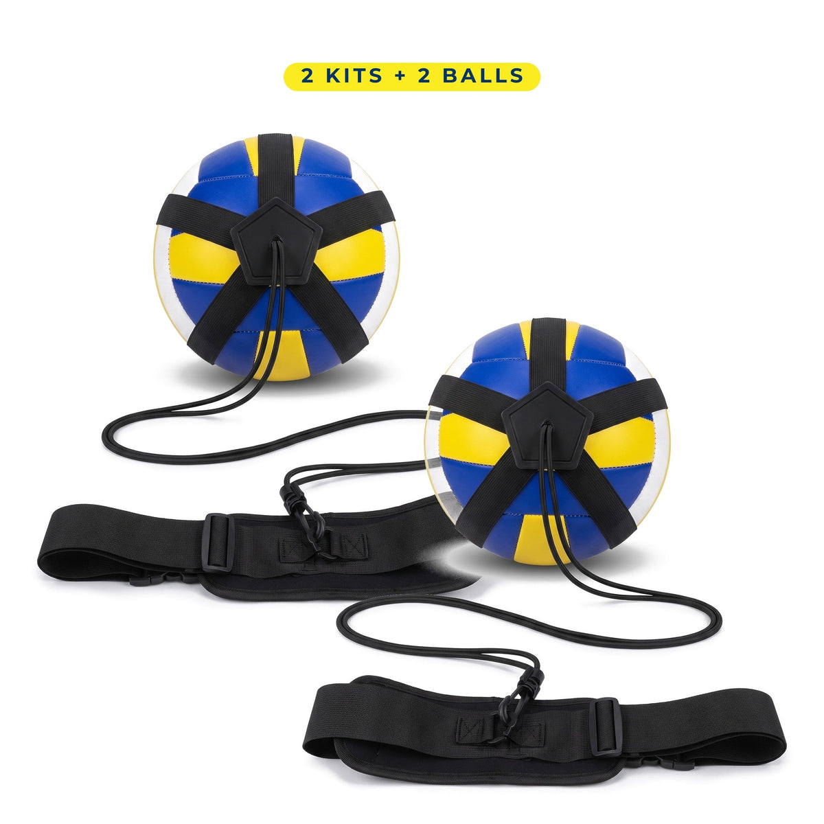 TrainerOne 2-Pack: two volleyball serve trainer Kits, each with its own volleyball, five-strap holder, elastic cord and adjustable belt