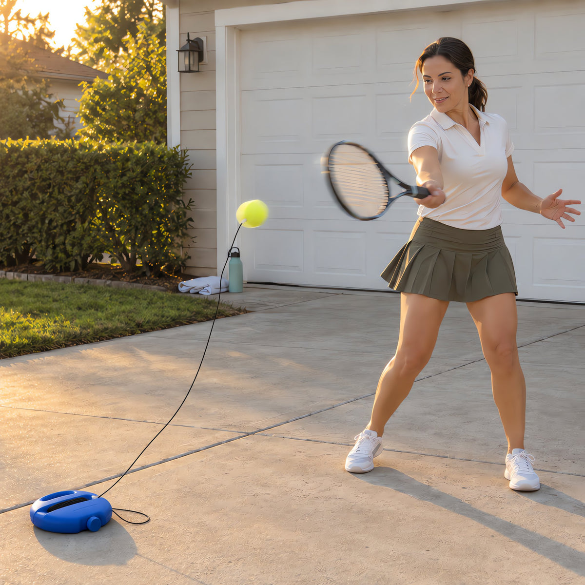 Woman hitting a tennis ball on her driveway with the TrainerOne solo tennis trainer