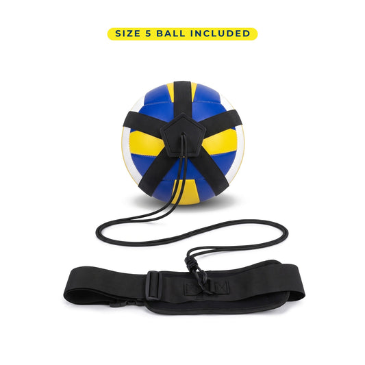 TrainerOne Kit + Ball: a volleyball in the five-strap holder with the black elastic cord and adjustable belt
